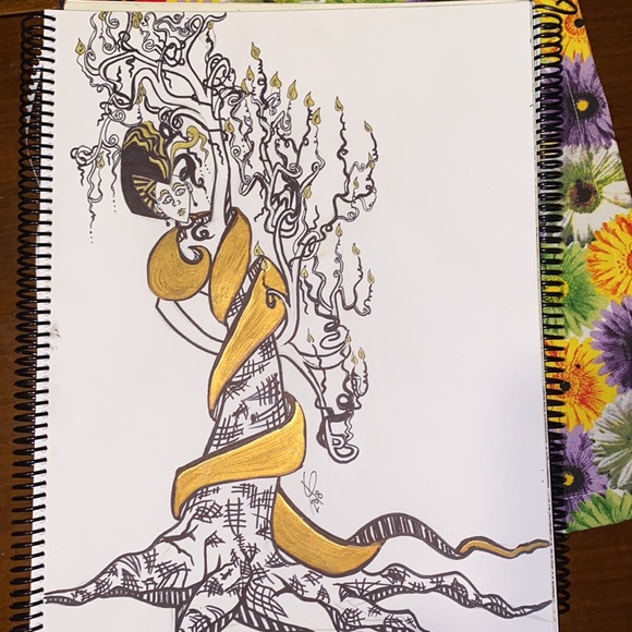 Unframed Original Art Tree Lady Drawing Illustration w Gold Metallic Highlights - Picture 3 of 6